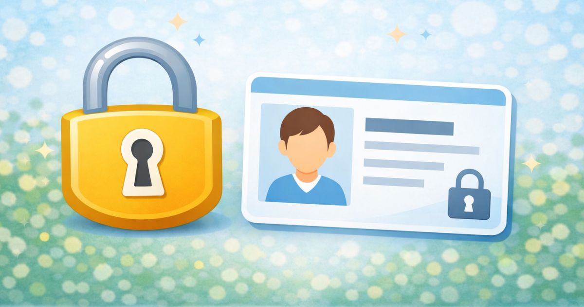 リネットジャパンの個人情報は大丈夫か確認するイメージ 鍵アイコンとIDカード風イラスト