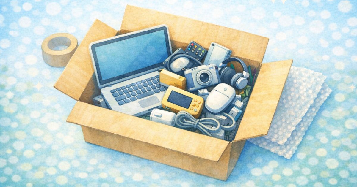 段ボールにパソコンと小型家電をまとめて入れている回収イメージ