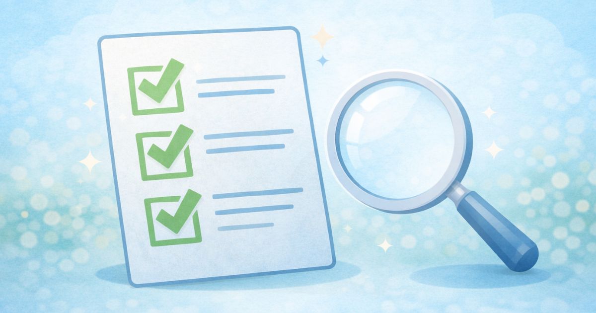 リネットジャパンを安全に利用するためのチェックポイント チェックリストと虫眼鏡のイメージ