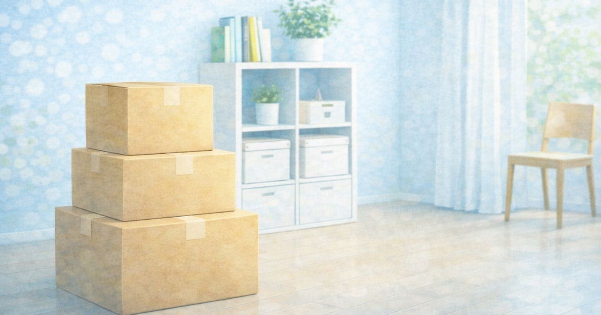 整理された段ボールとすっきりした部屋のイメージ