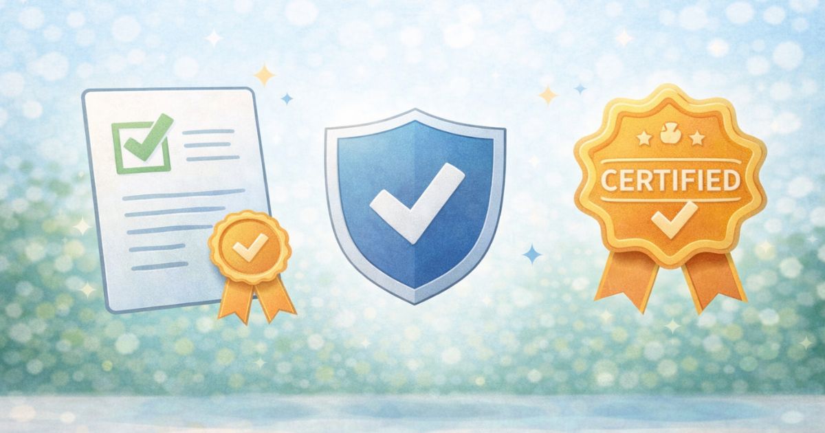 リネットジャパンは安全か確認するための認定書類とチェックマークのイメージ