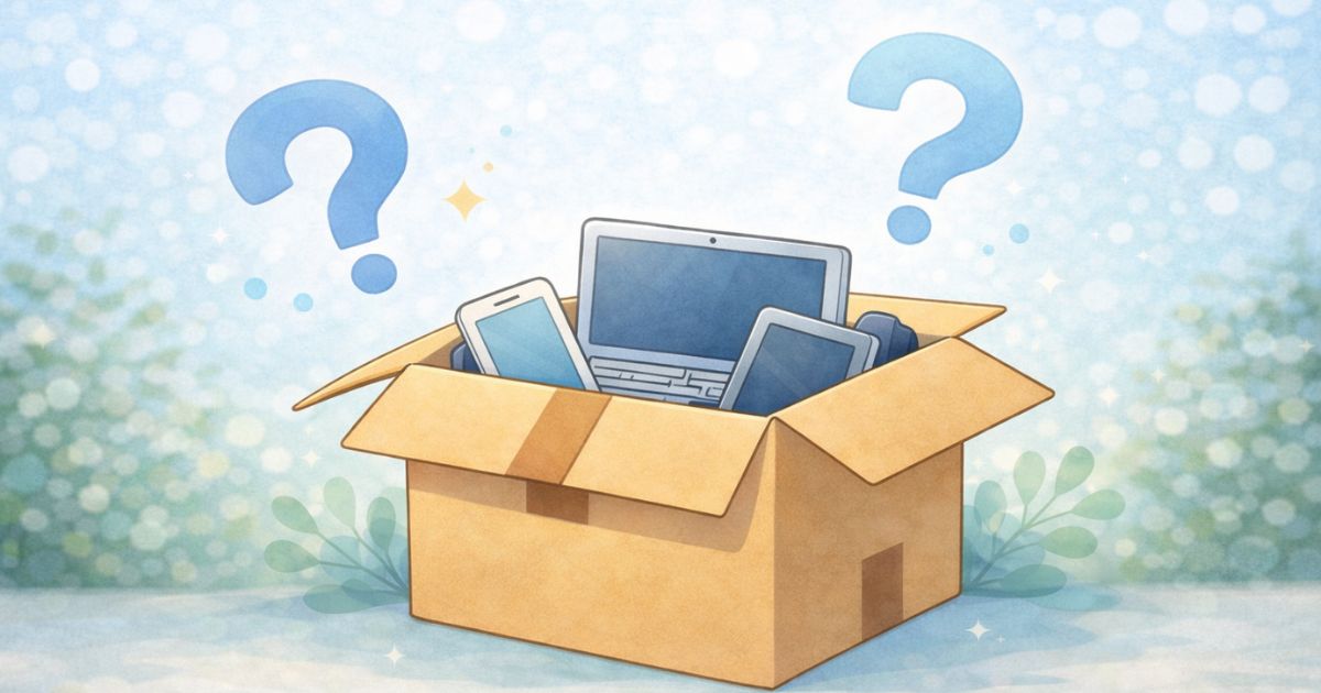 リネットジャパンが怪しいと言われる理由を整理するイメージ 段ボールと疑問符