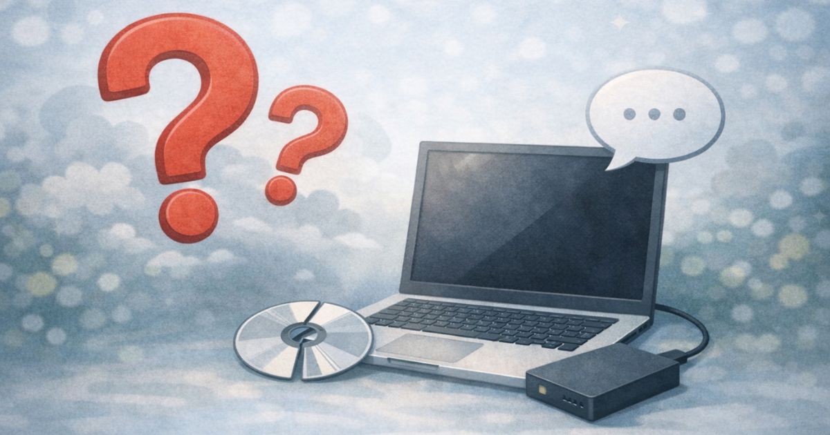 リネットジャパンの無料データ消去で不安を感じやすいポイントを表したイメージ はてなマークとPC