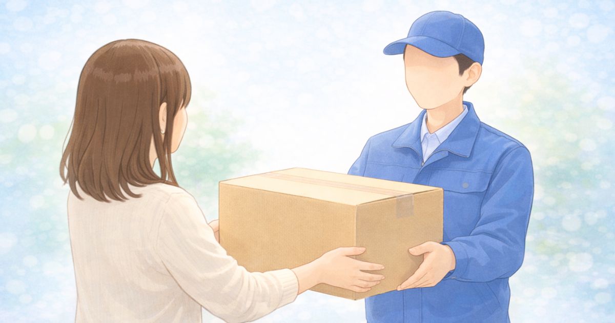 玄関で集荷員に箱を渡すイメージ（リネットジャパン集荷当日）