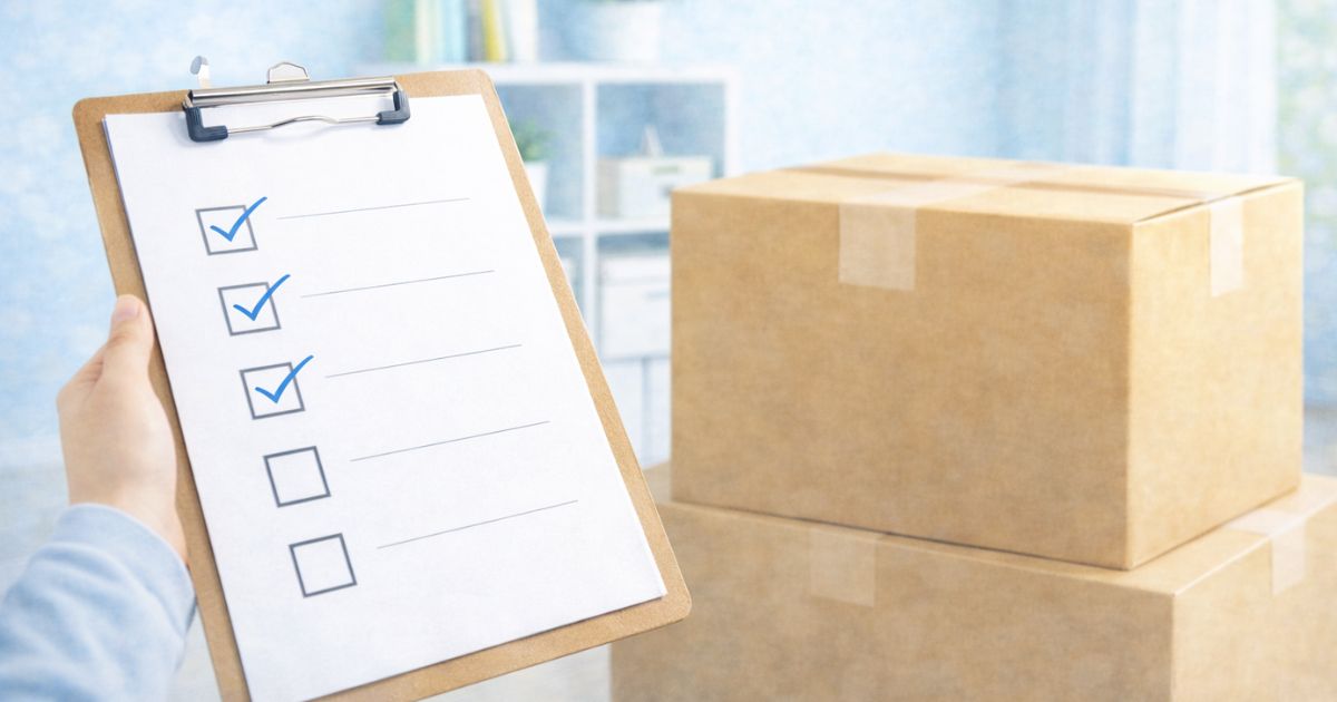 チェックリストと段ボール箱のイメージ（リネットジャパン 2回目 注意点）
