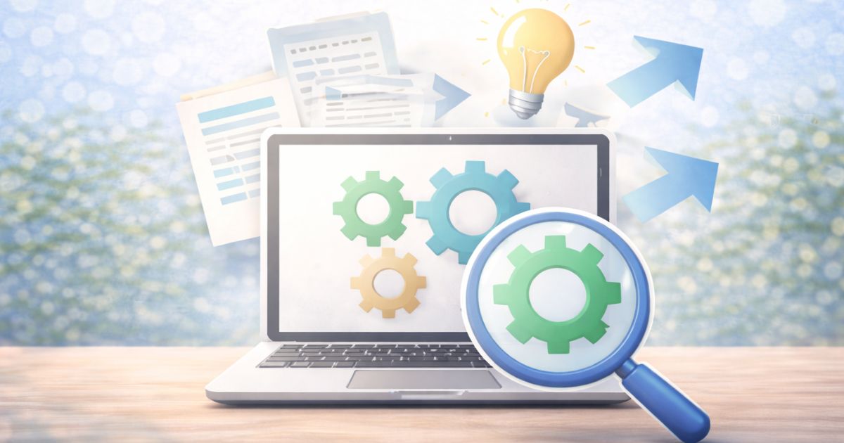 評判だけで判断せず仕組みも確認するイメージ 虫眼鏡でチェックしている様子