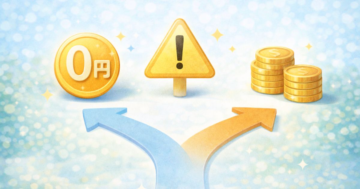 リネットジャパンの料金が有料になる例外を整理するイメージ 注意マークとコインの分岐図