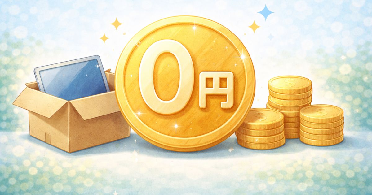 リネットジャパンの料金が無料かを整理するイメージ コインと0円アイコンと段ボール