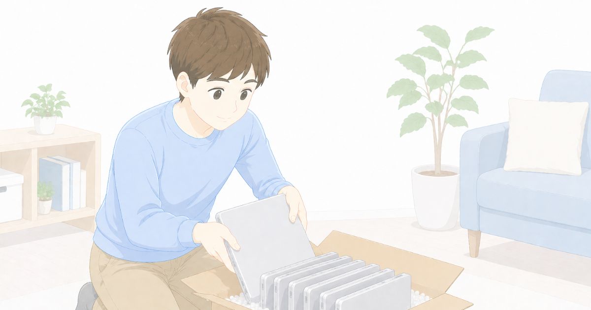 複数のパソコンを整理してスムーズに梱包しているイメージ