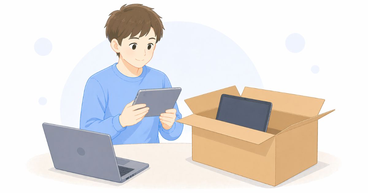リネットジャパンに出す前にパソコンのデータや中身を確認しているイメージ