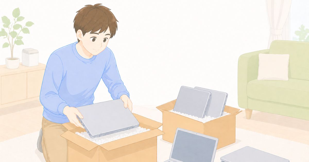 リネットジャパンで複数のパソコンを箱にまとめているイメージ
