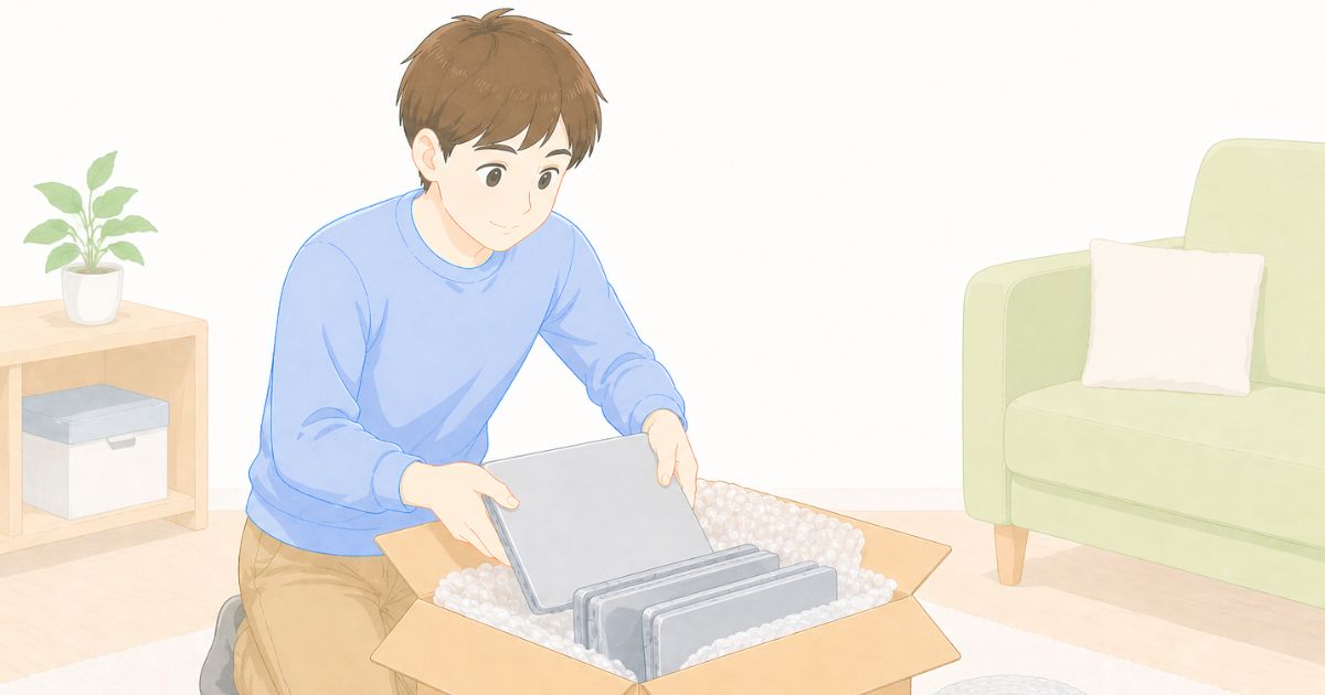 複数のパソコンを箱に整理して梱包しているイメージ