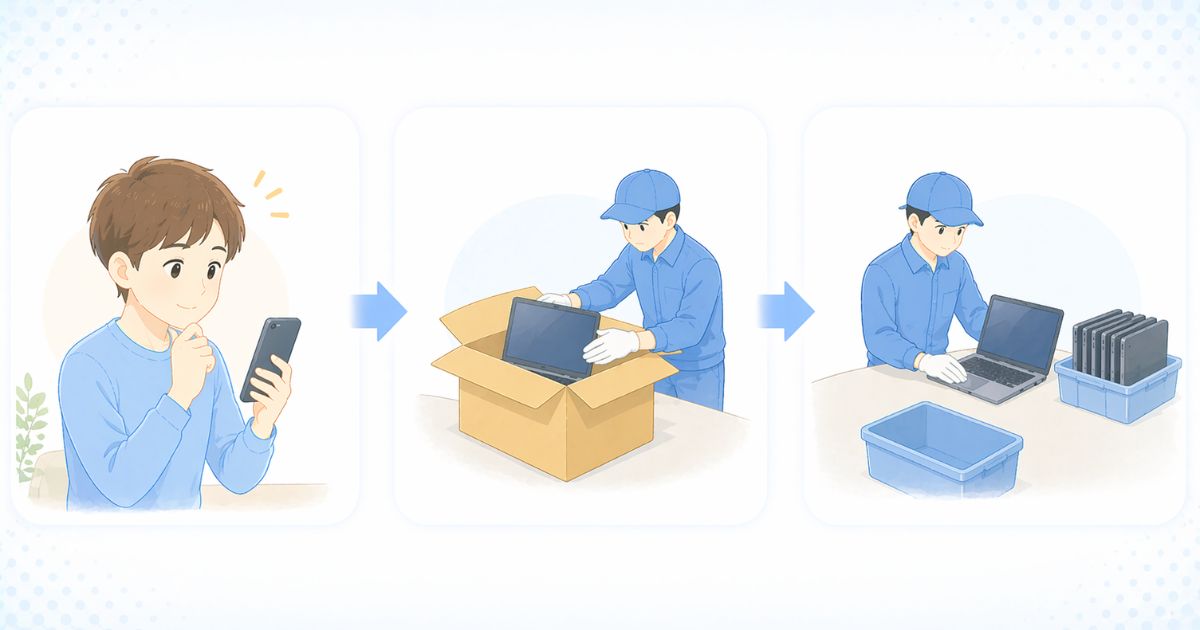 リネットジャパンで回収されたパソコンの処理やリサイクルの流れを確認しているイメージ
