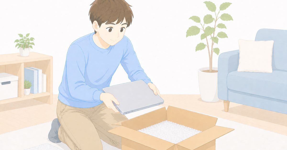 リネットジャパンでパソコンをダンボールへ梱包しているイメージ