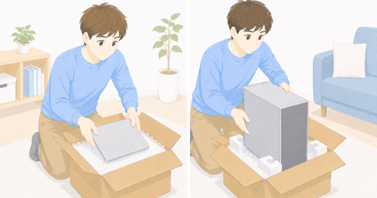 ノートパソコンとデスクトップパソコンを梱包している比較イメージ