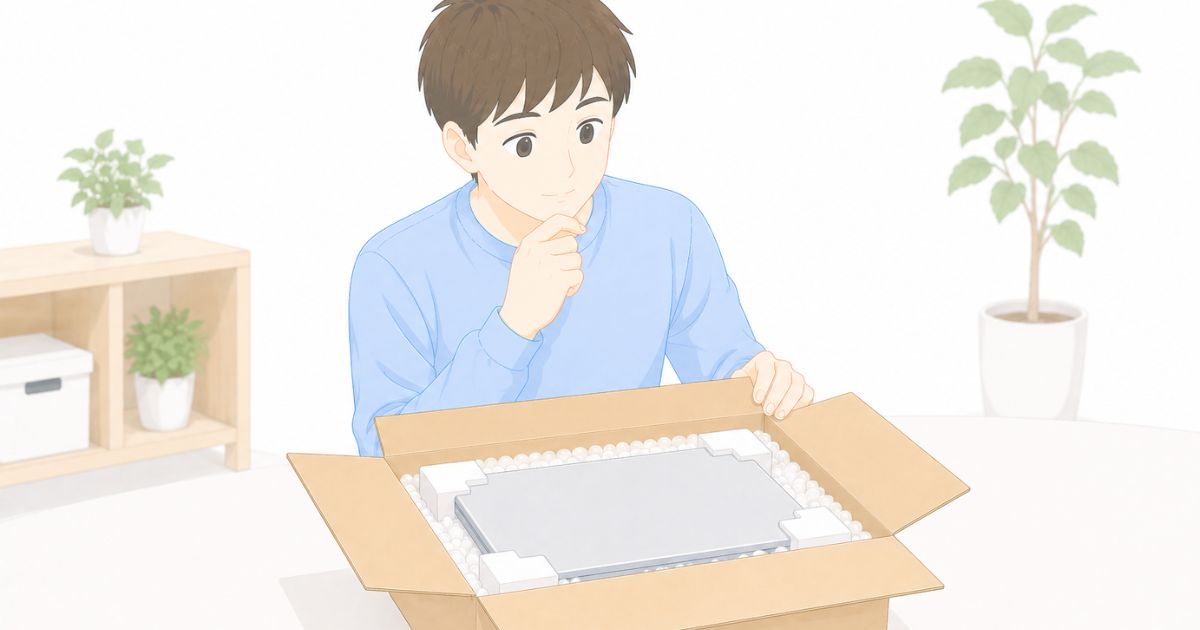 パソコン梱包時の注意点を確認しているイメージ
