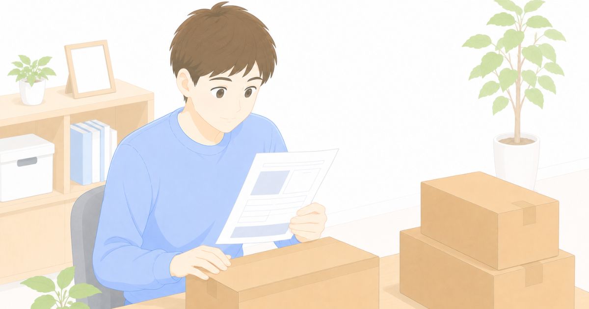 リネットジャパンの伝票とダンボールを確認しているイメージ
